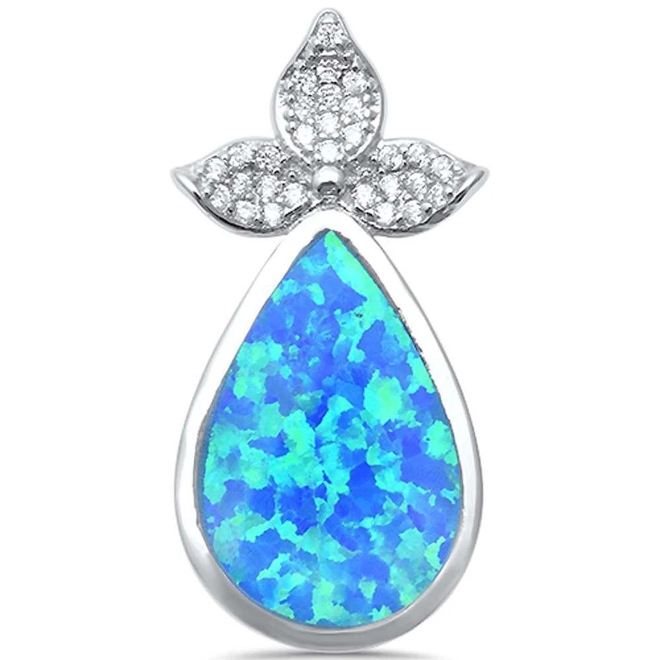 Blue Opal with CZ Pear TearDrop .925 Sterling Silver Pendant - Image 2 of 2