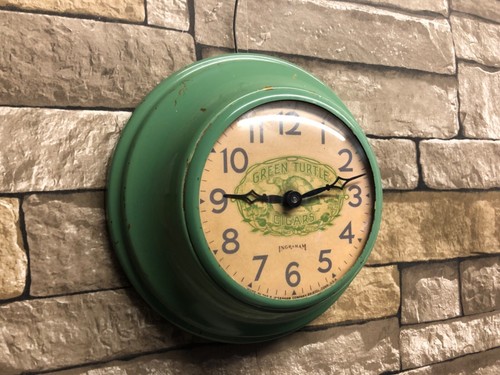 VTG INGRAHAM GREEN TURTLE CIGAR OLD PUB ADVERTISING TOBACCO WALL CLOCK SIGN TINS