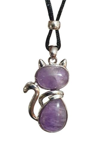 Amethyst Cat Necklace Pendant Large Crystal Gemstone Anxiety Love Stone Corded - Picture 3 of 12