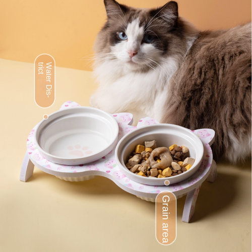 Double Bowl Ceramic Cat Bowl with Stand Non-slip Cat Feeding Dish Kitty - Picture 8 of 17