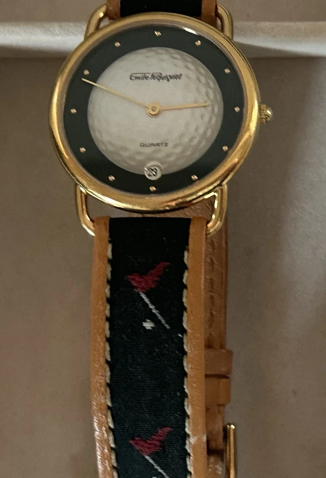 Excelente reloj vintage de pelota de golf Emile Pequignet con correa de cuero con diseño de golf Foto 3 de 4