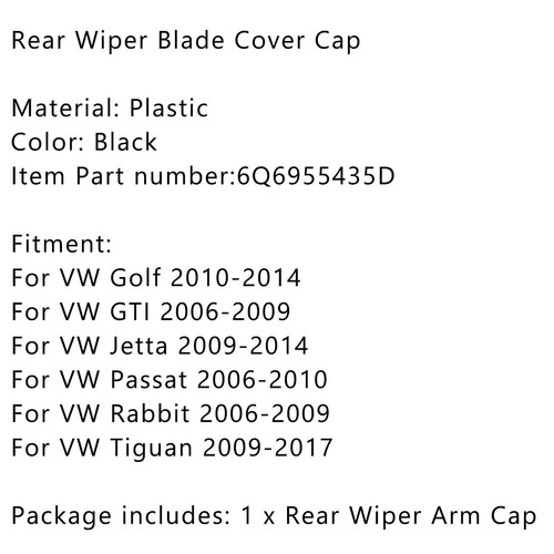 Black Rear Wiper Blade Cover Cap For VW MK5 Golf Polo Passat Caddy Tiguan SH - Picture 7 of 7
