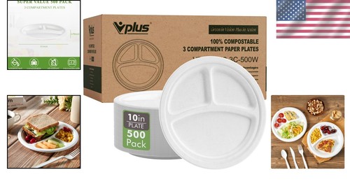 Eco-Friendly 10" Divided Paper Plates, 500 Heavy-Duty Compostable Dinnerware - Picture 2 of 9