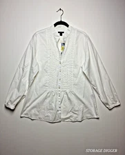 Westbound Blouse Top Women 18 White 100% Cotton Pleated Long Sleeve Button Front