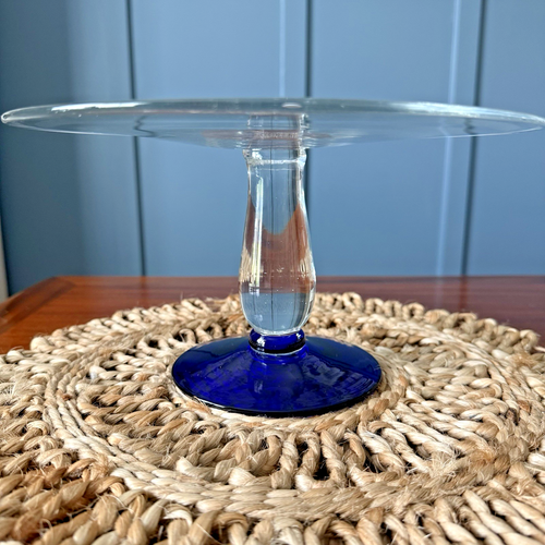 Murano-Style Handblown Glass Cake Stand with Cobalt Blue Base - Picture 2 of 6