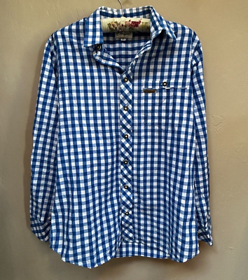 S' Landgwand Mens Cotton Blue Gingham Button Up Long Sleeve