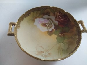 Antique-Rose-Porcelain-Bowl-with-Handles-Heavy-Gold-Trim-5-1-2-034