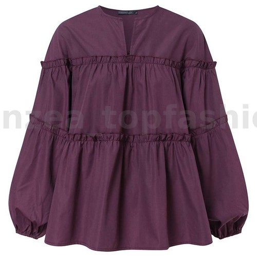 Women Casual Loose Tops Shirt Puff Long Sleeve V Neck Ruffles Frills Blouse Plus - Picture 8 of 14
