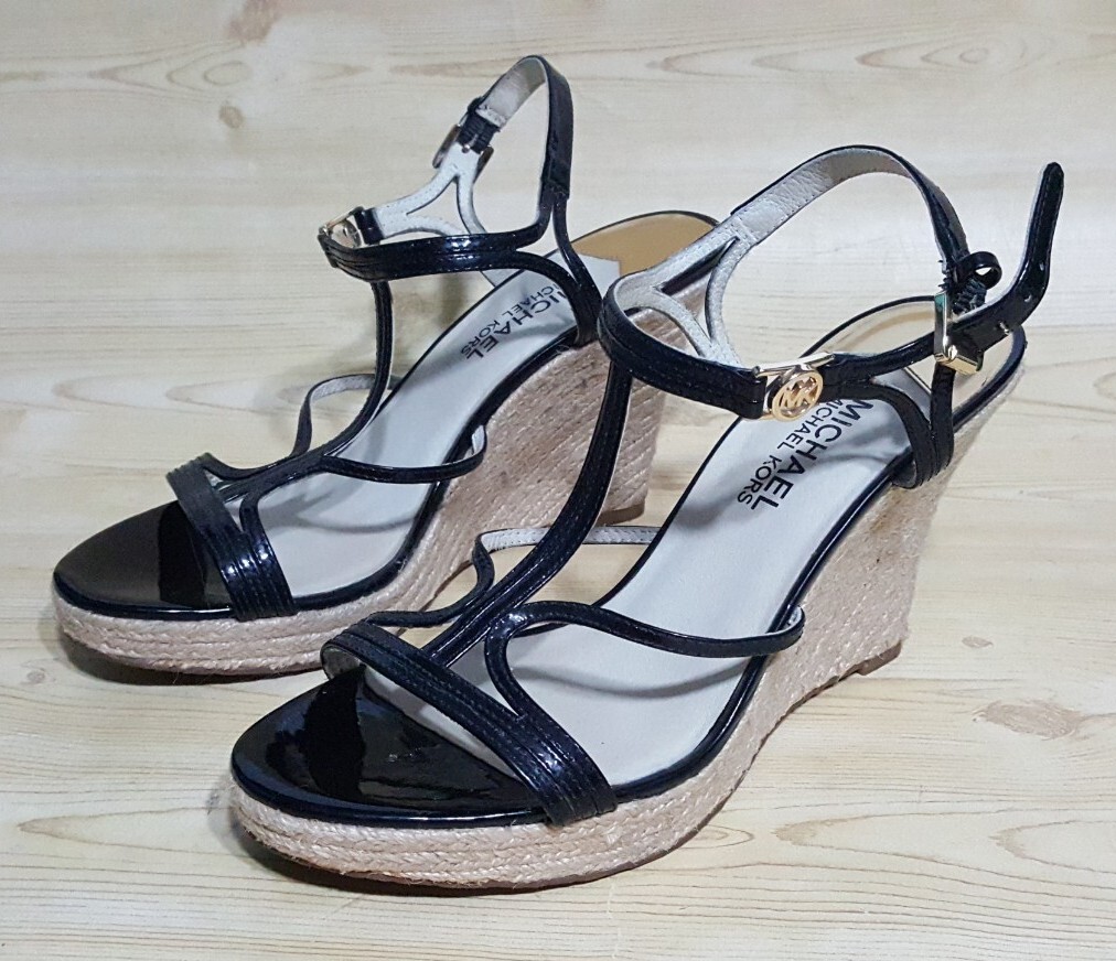 Michael Kors Black Patent Leather Wedge Platform Ankle Strap Heeled Sandals  7 M | eBay