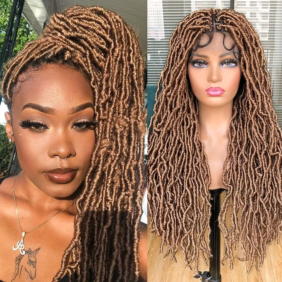 Honey Blonde Full Lace Wig Faux Locs Women Long Butterfly Braided 27