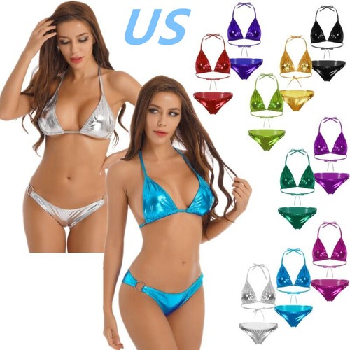 Damen 2-teiliges Metallic Triangel Bikini Set Neckholder BH mit Slip Badeanzug - Bild 1 von 99