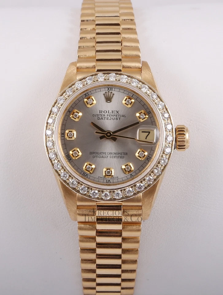 Rolex Lady Datejust 26 mm oro 18k President bisel de diamantes esfera plateada diamante Foto 4 de 4