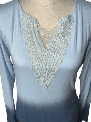 Venus Blue Ombre Long-Sleeve Maxi Dress With Lace-Up Neckline Ruched Side XL - Picture 2 of 6
