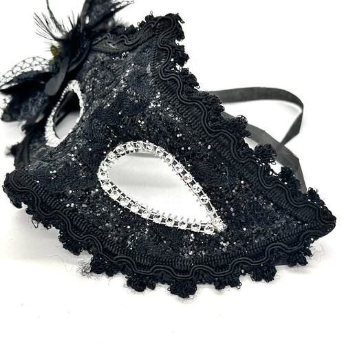 Venetian Style Masquerade Half Face Mask Black Flower Sequins Halloween GUC - Picture 2 of 5