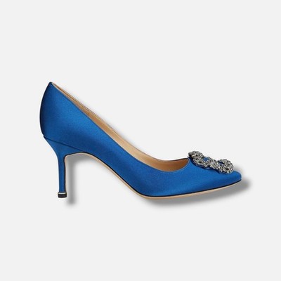 Manolo Blahnik Women's Blue Hangisi Embellished Satin Pump Shoes Size EU:34 US:4