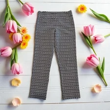 Erica Taylor Women's Geometric Dark Navy Blue & White Pull On Dress Pants Medium