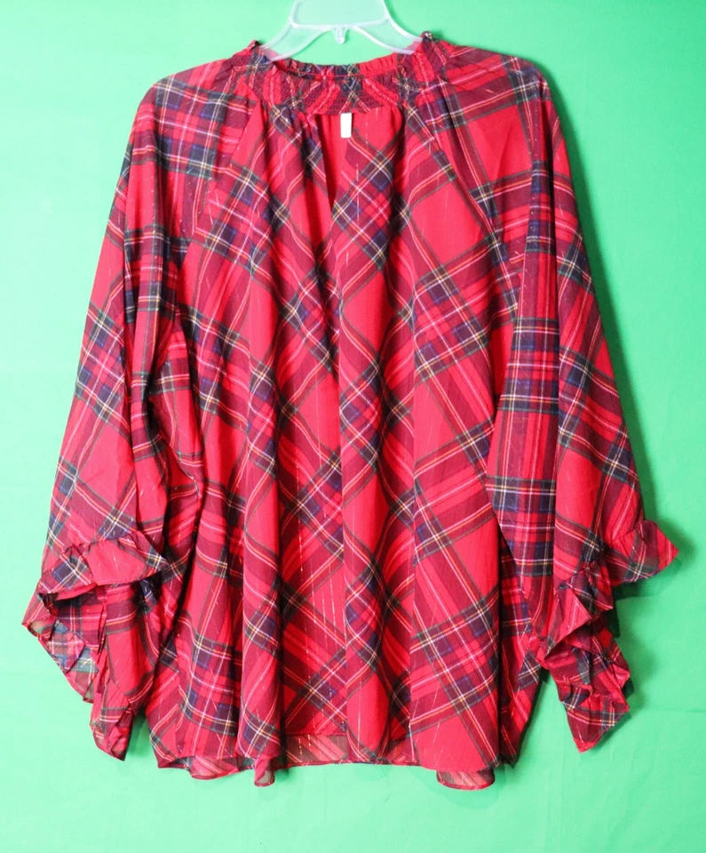 Blusa Top Cato A Cuadros Flutter Manga Larga Cuello Simulado Rojo Vacaciones 26/28w (b681) Foto 2 de 3