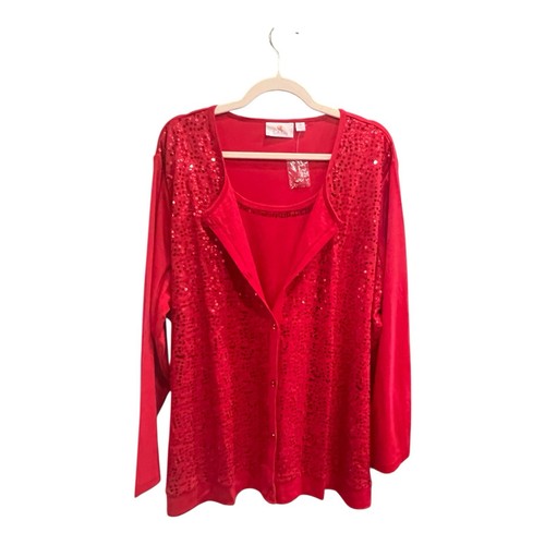 Quacker Factory Cardigan Attached Tank Top Red Sequin Button Up Sweater Woman 3X - Picture 2 of 10