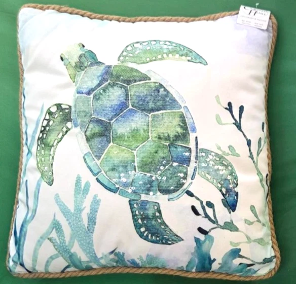 Curated Home Beach Sequenced Beaded Sea Turtle Pillow 17" x 17" Blue Green, NEW