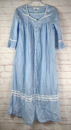 Eileen West Nightgown M Blue White Brushed Cotton Pockets Cottagecore - Picture 14 of 14