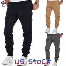 Mens Casual Combat Cargo Pants Elasticated Waist Pockets Cuffed Joggers Trousers
