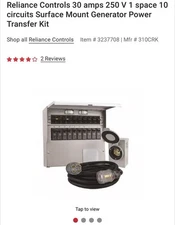 Reliance Controls 310CRK 10 Circuit Generator Transfer Switch Kit