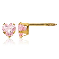 14K Solid Yellow Gold 4mm Pink CZ Heart Stud Earrings