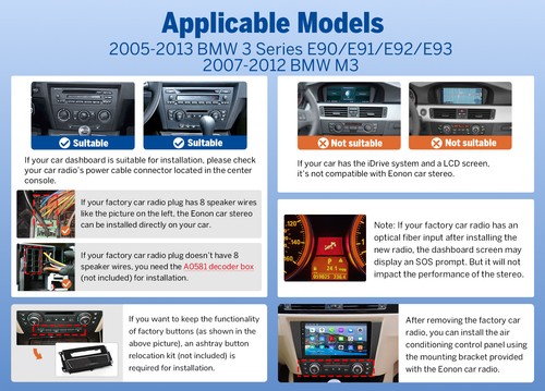 Eonon Apple Carplay Car Stereo GPS Nav Radio WIFI For BMW E90-E93 Android 14 DSP - Foto 6 di 22