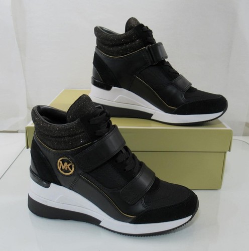 Michael Kors Gentry High Top Wedge Trainer Sneakers MK Logo Black Bronze Size 9 - Picture 3 of 7
