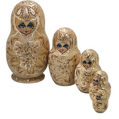 Vintage russische 5 Stück verschachtelte Puppen Matroschka Handbemalt/Holz verbrannt Ornament 