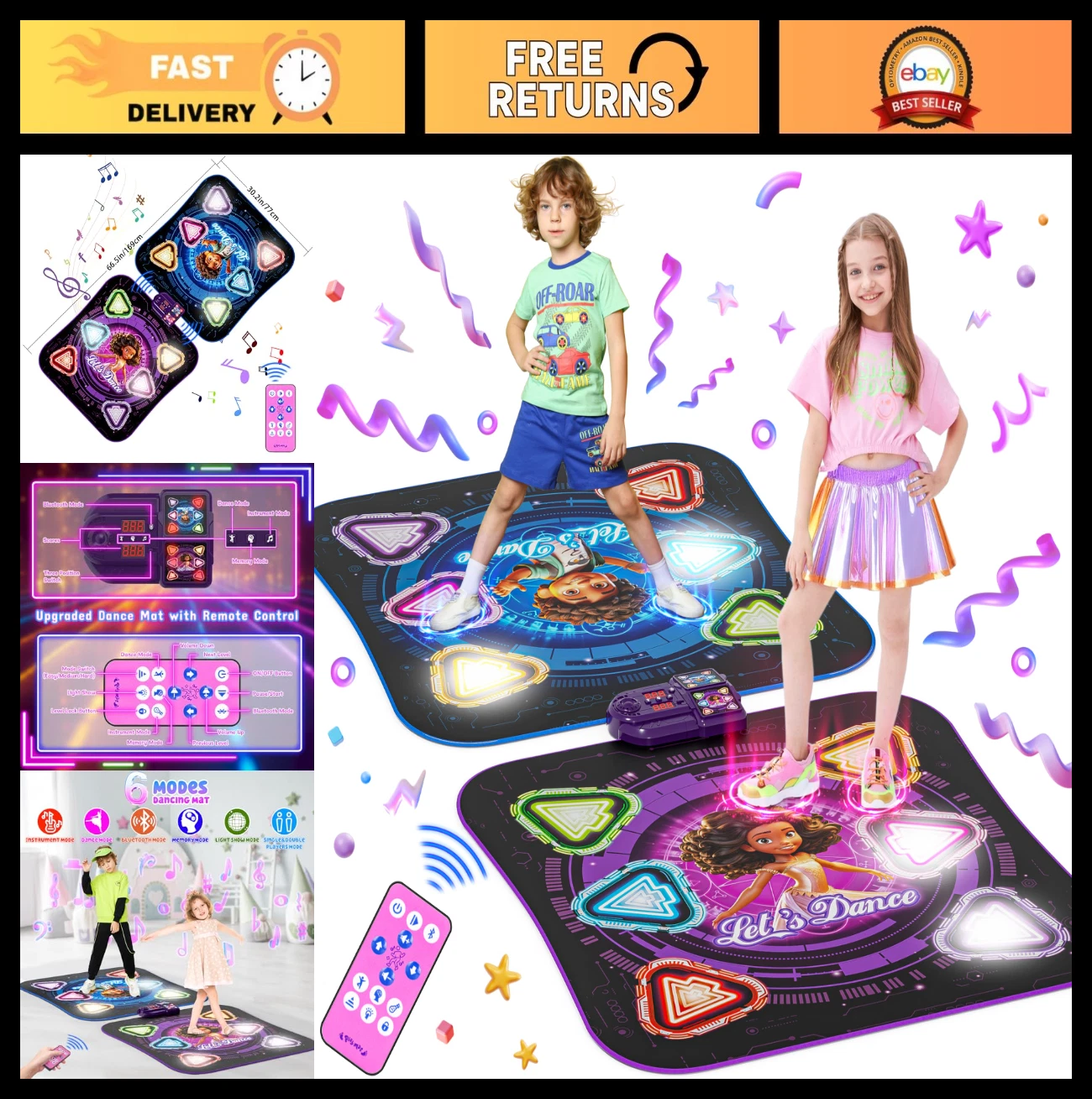 Light Up Dance Mat for Kids, 2-Player Dance Pad with Bluetooth & 12 Buttons, Fun