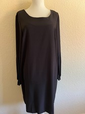 NY Collection L Black Sheath LS Dress Chiffon Pleated Bell Sleeves Poly NEW