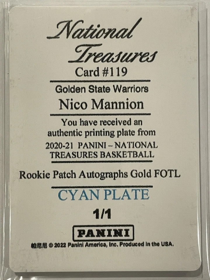 Nico Mannion 2022 Panini Natioanl Treasures Cyan Printing Plate 1/1 SSP NBA #119 - Image 2 of 2