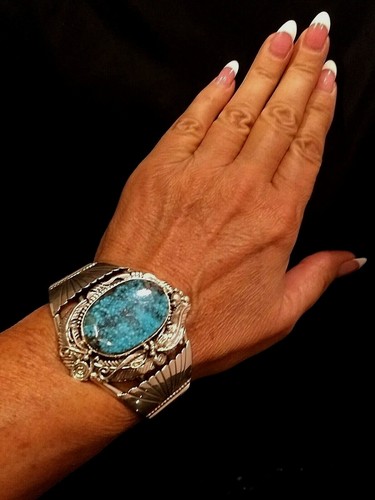 Navajo Signed Sterling Silver Kingman Turquoise Cuff Bracelet By Elouise Kee - Bild 5 von 12