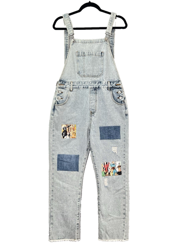 POL Patchwork Distressed Light Wash Denim Overalls Womens Size L Artsy Painter