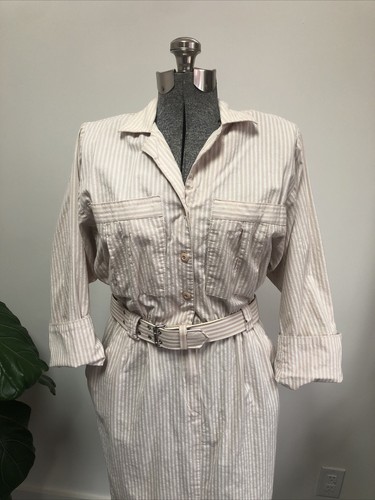 Vintage 80s Virgo II PIN STRIPED Khaki Midi DRESS Hourglass sz 10 Union Made - Picture 2 of 9