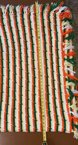 Handmade Yellow Orange Green Striped Crocheted 84"x 90" Lap Afghan w/ Fringe - Picture 9 of 9