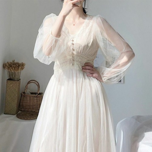 Ladies Lace Dress Puff Sleeve V-Neck Dress Vestidos Elegant A-Line Ladies Women - Picture 3 of 13
