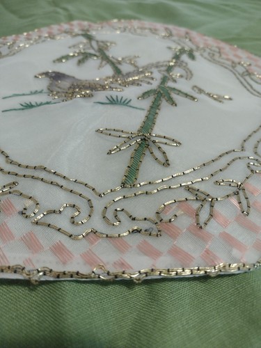 Vtg Silk Hand Embroidered Doily Asian Bird Beaded Floral Pink Green Hexagon 7" - Picture 3 of 7