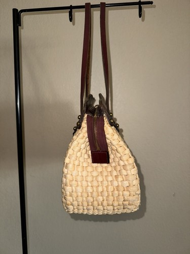 vtg 50s 60s MCM Woven Jute Straw Leather Strap Purse Handbag Cottagecore Boho - Picture 8 of 24