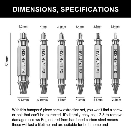 Damaged Screw Extractor Set,6pcs Stripped Screws Nuts Bolts for Removing Rust... - Picture 3 of 7