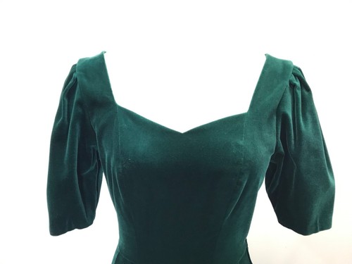 Vintage Laura Ashley Velvet Dress - Size 8 Emerald Green Sweetheart Neck 50s - Picture 2 of 10