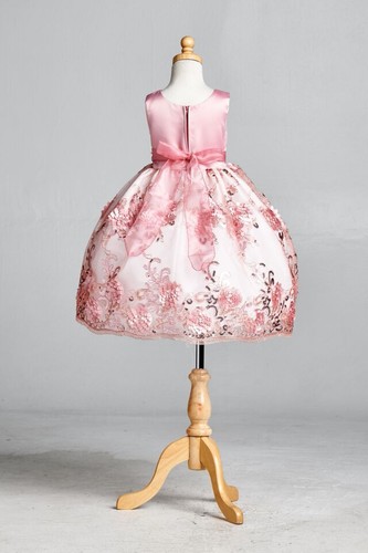 Dusty Rose Floral Satin Embroidery Dress ALL SIZES Wedding Flower Girl #09 - Picture 3 of 5