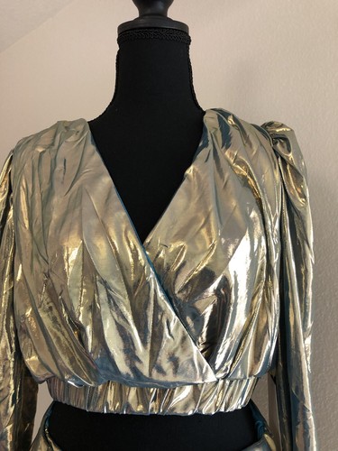 RVTS2008 Gold/Blue 2 Piece Metallic Long Sleeve Crop Top & Mini Skirt Size Large - Picture 2 of 10