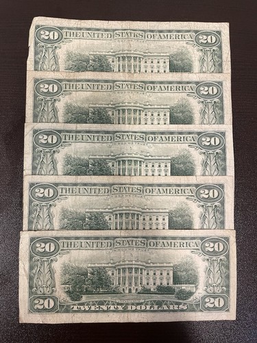 Lot of 5 1977 Twenty Dollar Bills from five Districts F, G, H, K, L Small Face - Picture 4 of 4