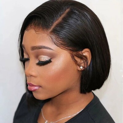 Short Pixie Cut Bob Wigs Black Silky Natural Human Hair Wig Side Part No Lace US