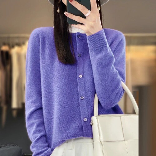 Merino Wool Long Sleeve Knitted Cashmere Sweater Ladies Knitted O-neck Cardigan - Picture 25 of 39