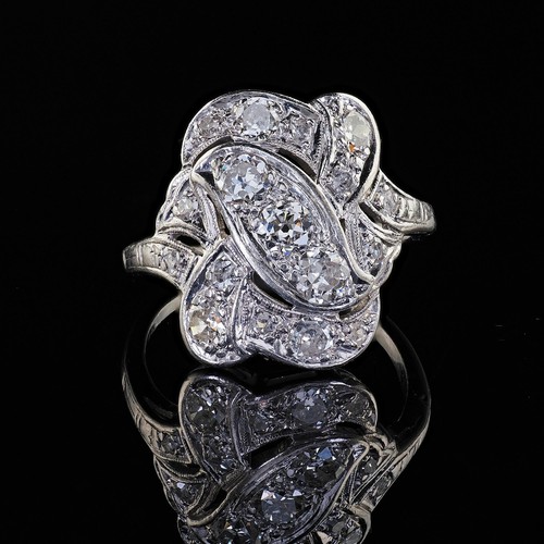 Antique Art Deco Platinum Old European Cut Diamond Cocktail Shield Ring - Picture 6 of 9