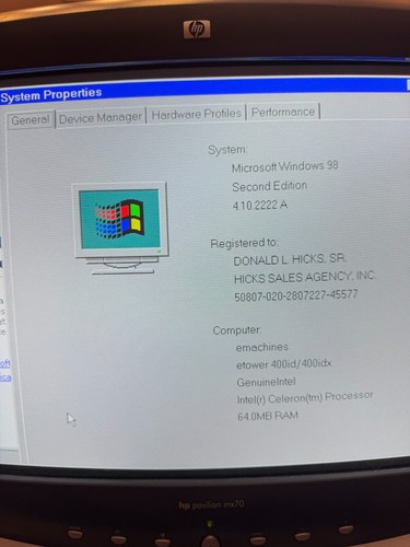 VINTAGE EMACHINE ETOWER 400IDX W/ EMACHINE RECOVERY CD FOR WINDOWS 98 & KEYBOARD - Picture 4 of 11