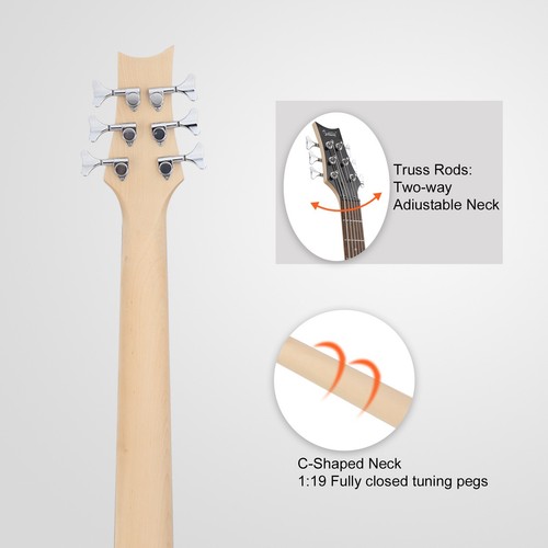 White 6-String Electric Bass Guitar with Active H-H Pickups, 24-Frets, Gig Bag - Picture 9 of 12